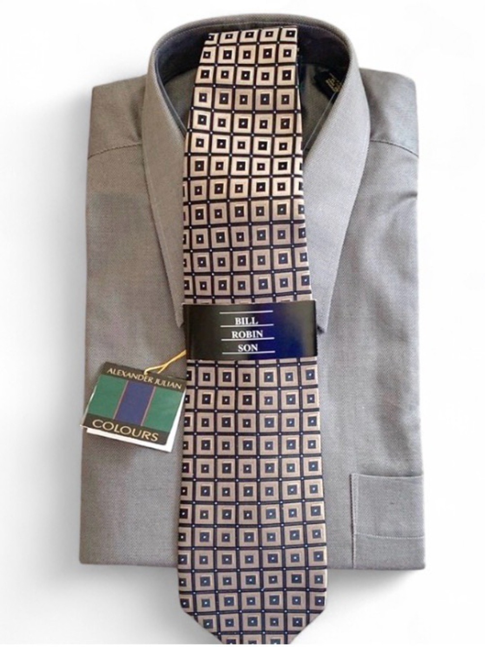 Alexander Julian Men’s Gray Dress Shirt 17 34/35 + Silk Tie Bundle Set